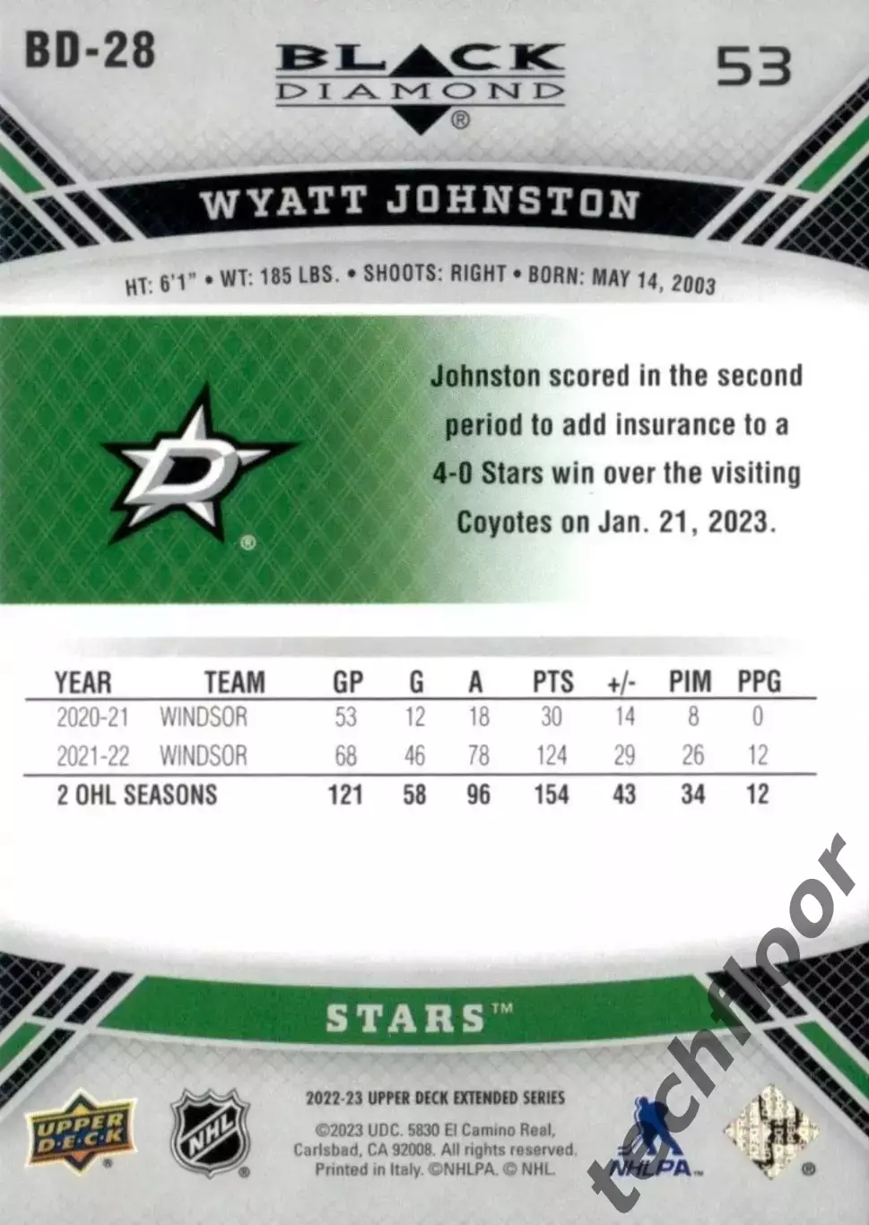 Карточка NHL Wyatt Johnston Dallas Stars/ Уайатт Джонстон Даллас НХЛ 1