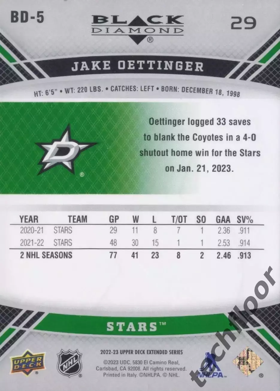 Карточка NHL Jake Oettinger Dallas Stars/ Джейк Оттинджер Даллас НХЛ 1