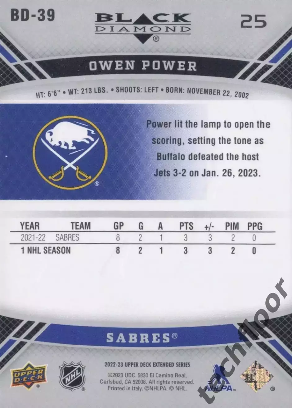 Карточка NHL Owen Power Buffalo Sabres/ Оуэн Пауэр Баффало НХЛ 1