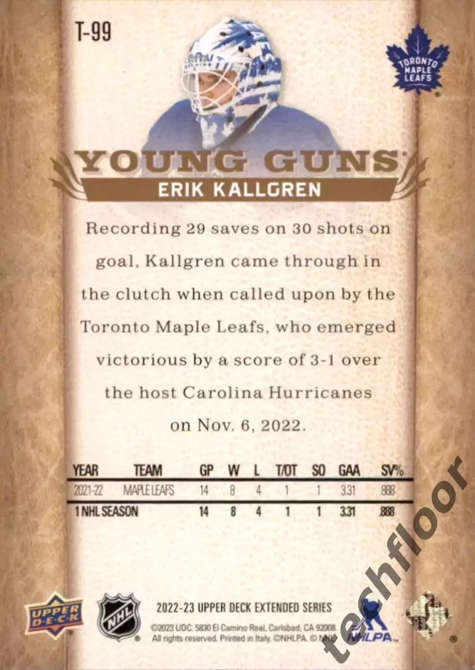 Карточка NHL Erik Kallgren Toronto Maple Leafs/Эрик Чельгрен Торонто НХЛ 1