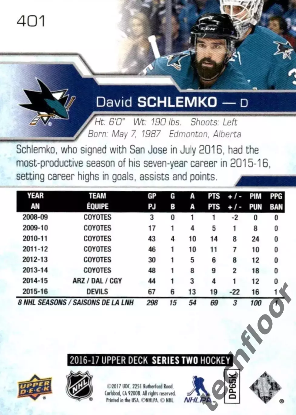 Карточка NHL David Schlemko San Jose Sharks/ Дэвид Шлемко Сан-Хосе НХЛ 1