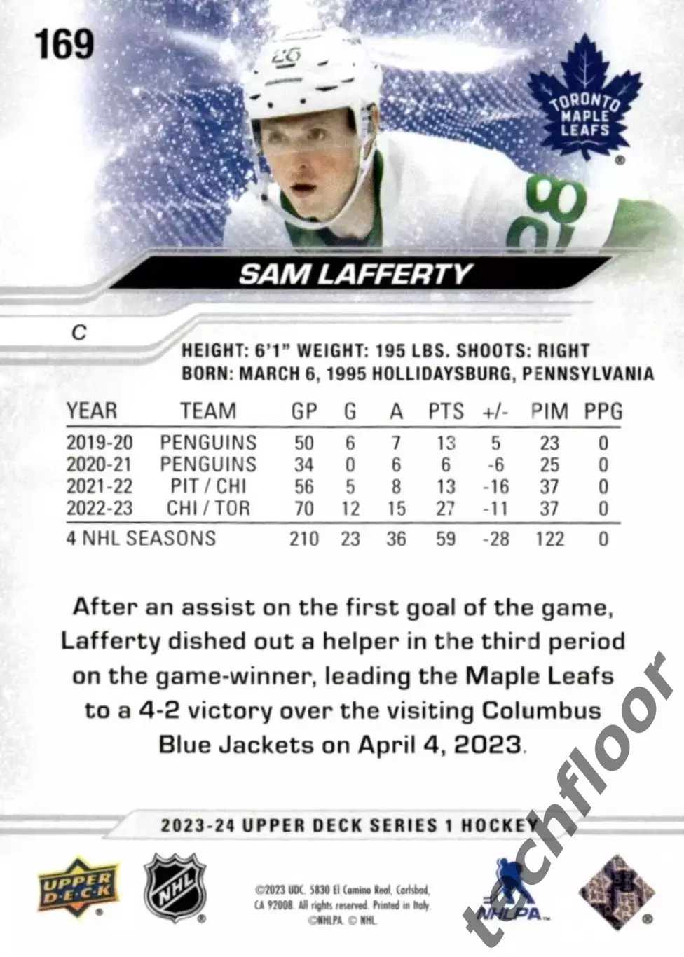 Карточка NHL Sam Lafferty Toronto Maple Leafs/Сэм Лафферти Торонто НХЛ 1