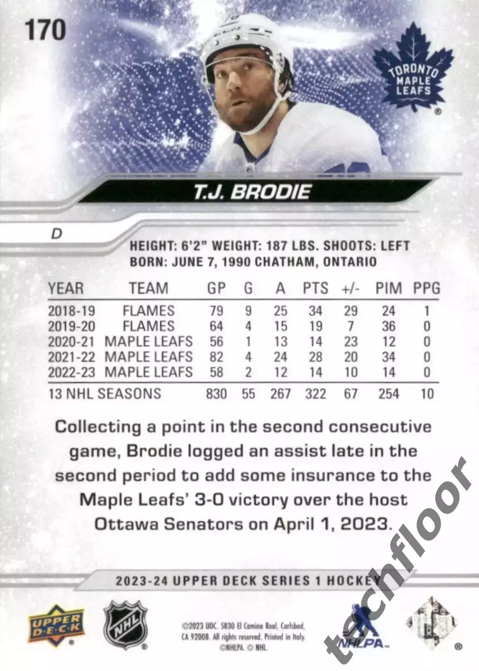 Карточка NHL T. J. Brodie Toronto Maple Leafs/Ти Джей Броди Торонто НХЛ 1