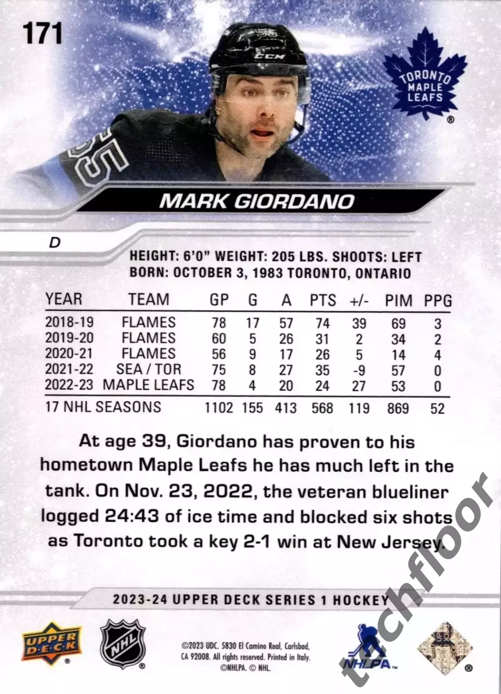 Карточка NHL Mark Giordano Toronto Maple Leafs/Марк Джиордано Торонто НХЛ 1
