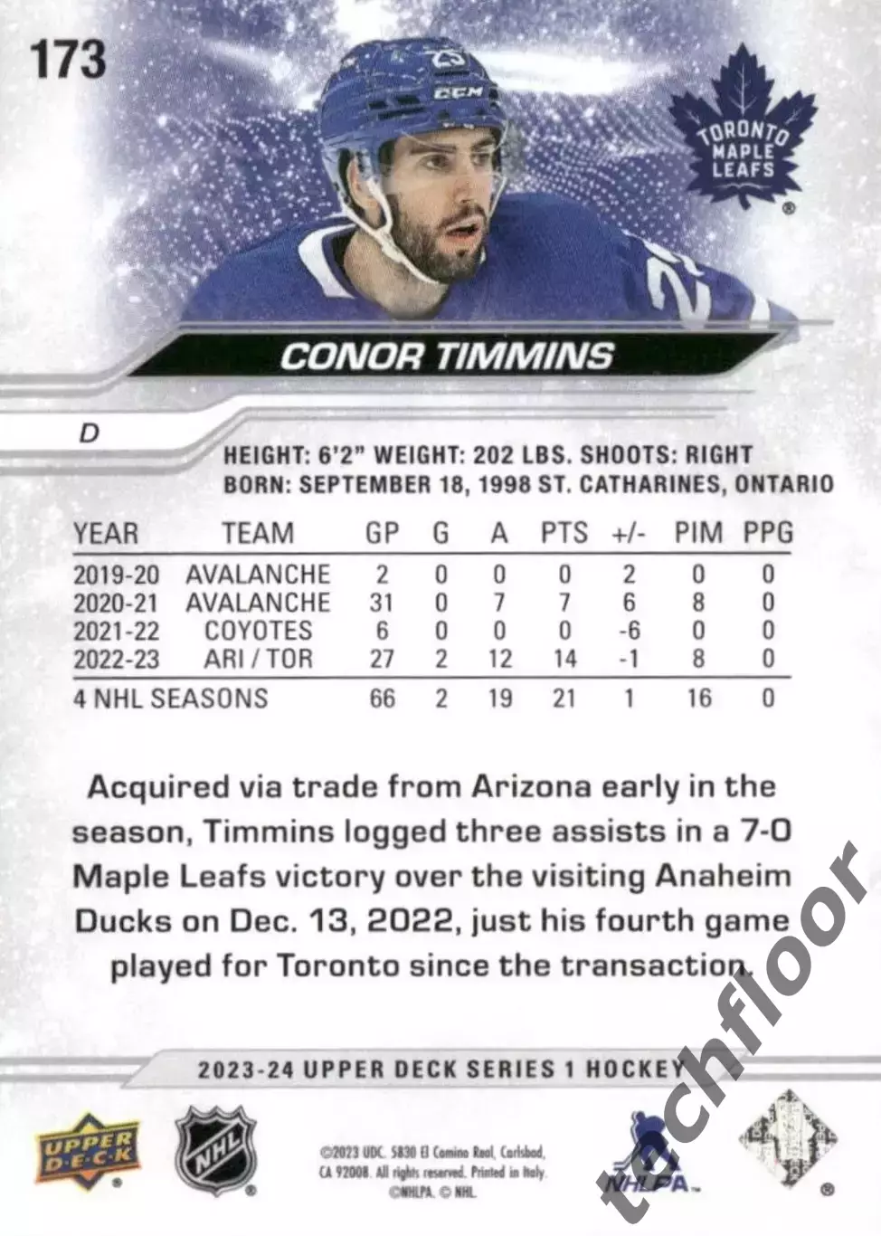 Карточка NHL Conor Timmins Toronto Maple Leafs/Конор Тимминс Торонто НХЛ 1