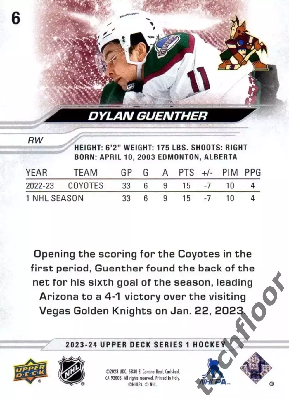 Карточка NHL Dylan Guenther Arizona Coyotes / Дилан Гюнтер Аризона НХЛ 1