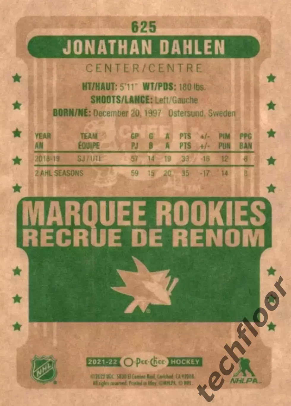 Карточка NHL Jonathan Dahlen San Jose Sharks/Джонатан Дален Сан-Хосе НХЛ 1