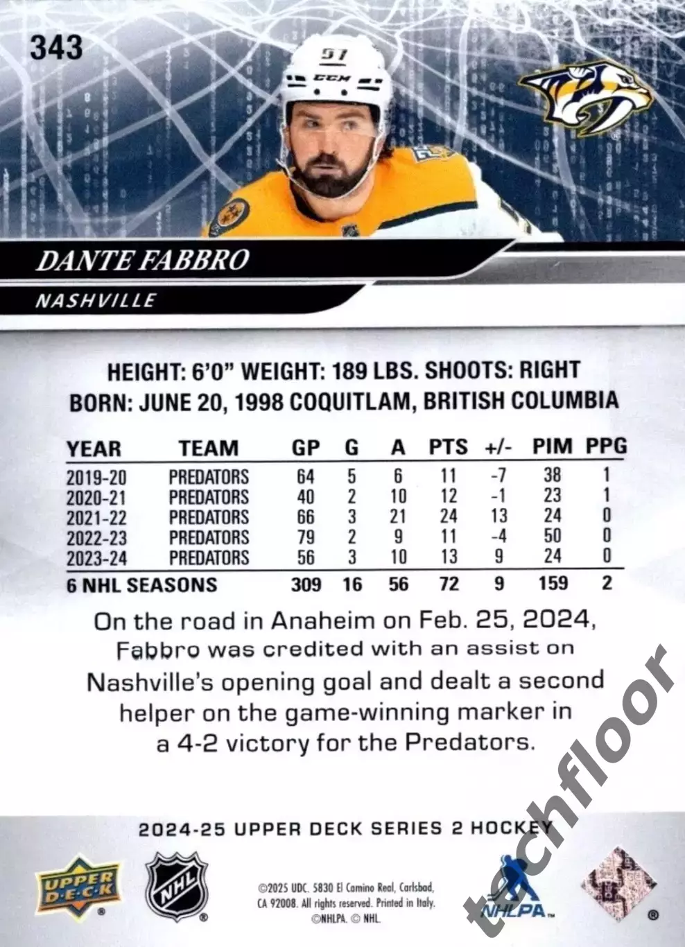 Карточка NHL Dante Fabbro Nashville Predators 1