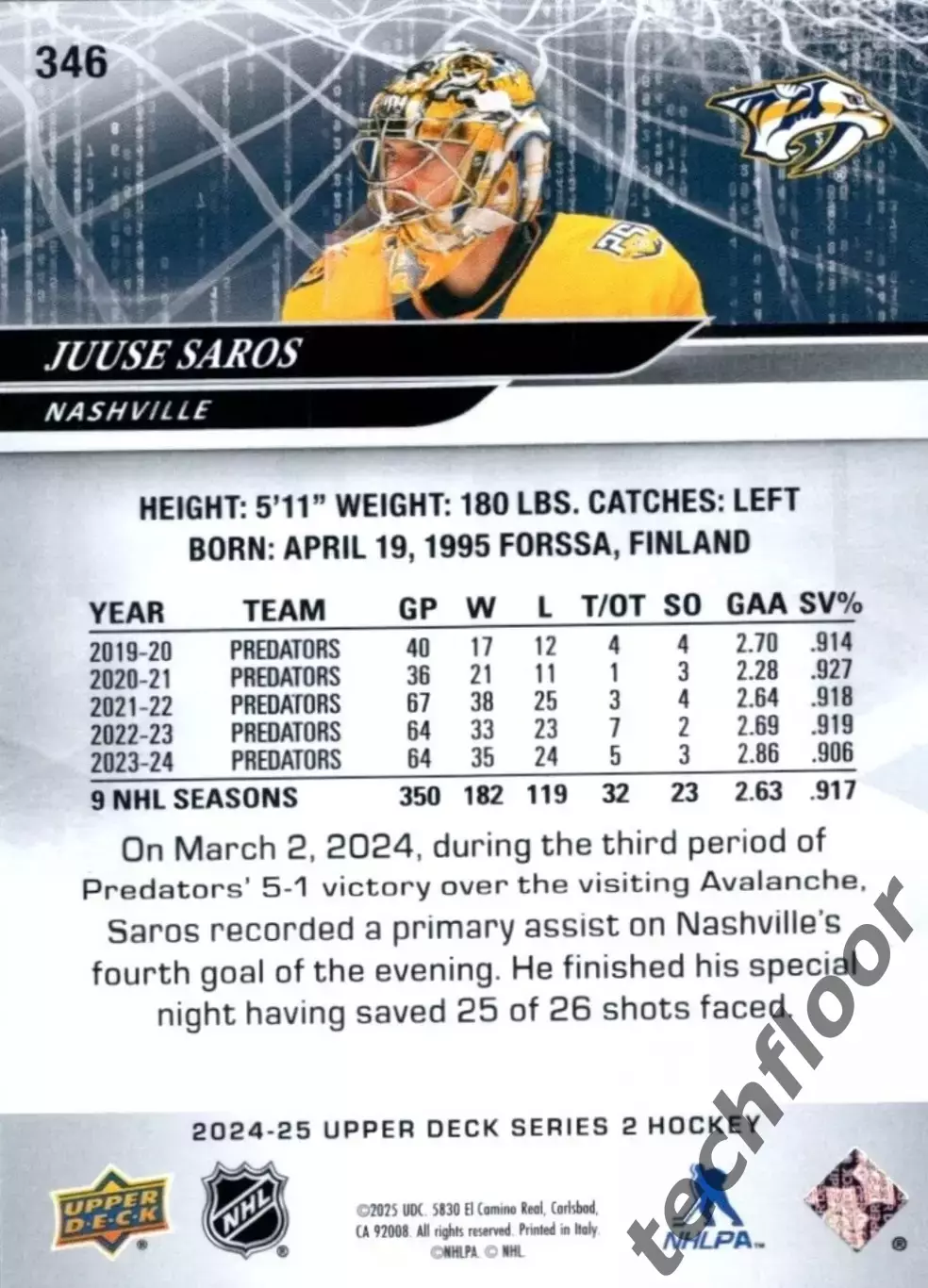 Карточка NHL Juuse Saros Nashville Predators/ Нэшвилл 1