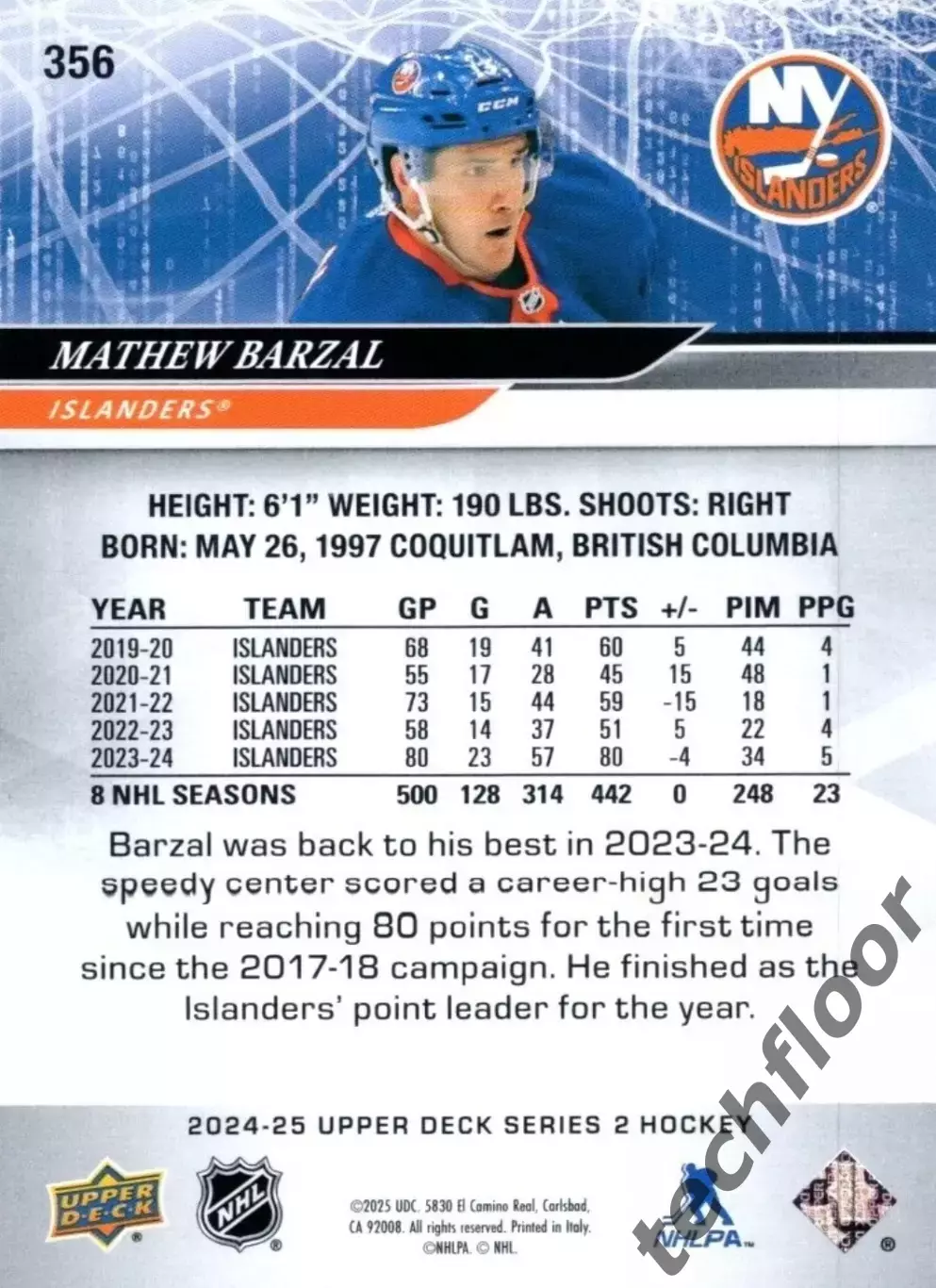 Карточка NHL Mathew Barzal New York Islanders/Мэтью Барзал Айлендерс НХЛ 1