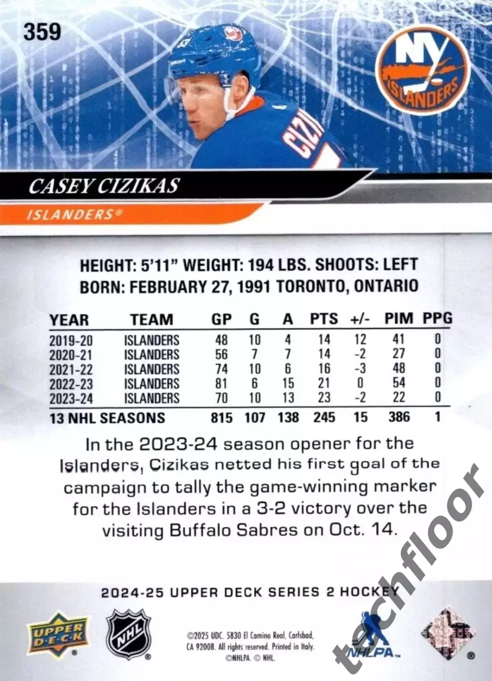 Карточка NHL Casey Cizikas New York Islanders/Кейси Сизикас Айлендерс НХЛ 1