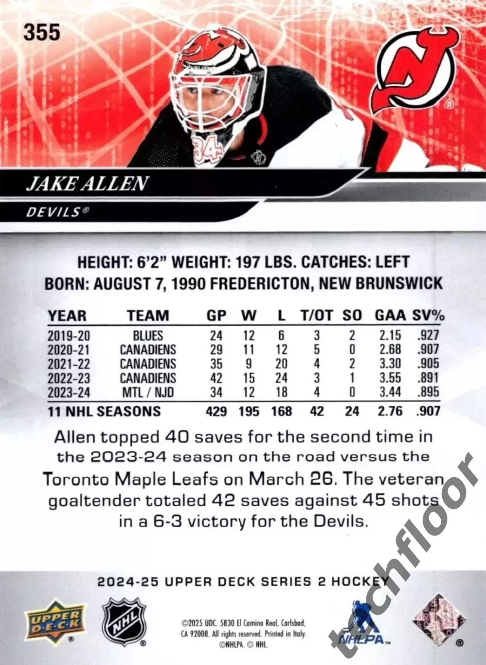 Карточка NHL Jake Allen New Jersey Devils/Джейк Аллен Нью-Джерси НХЛ 1