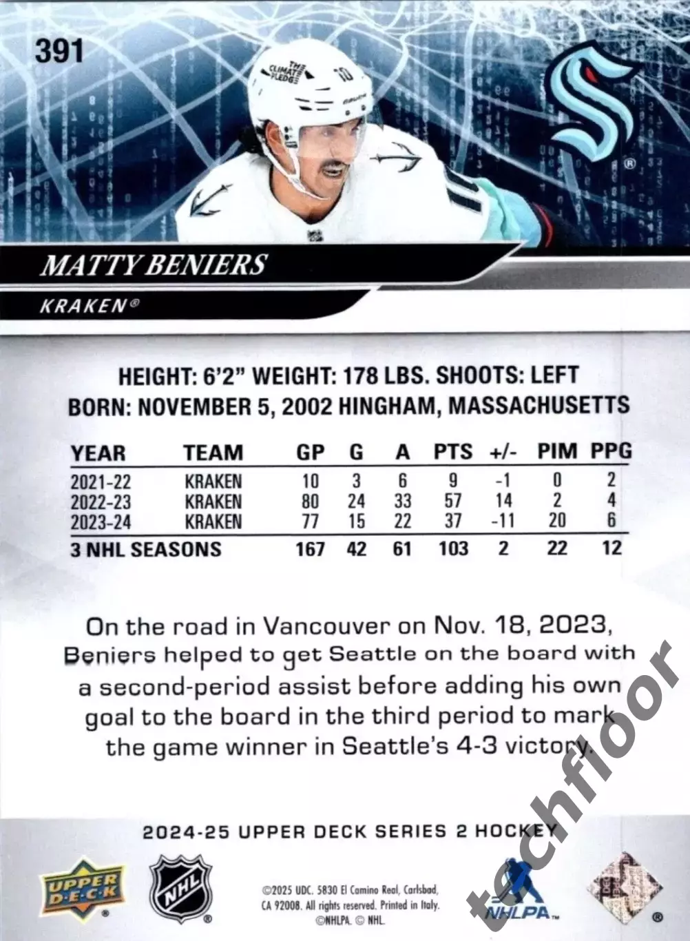 Карточка NHL Matty Beniers Seattle Kraken/Мэтти Бенирс Сиэтл НХЛ 1