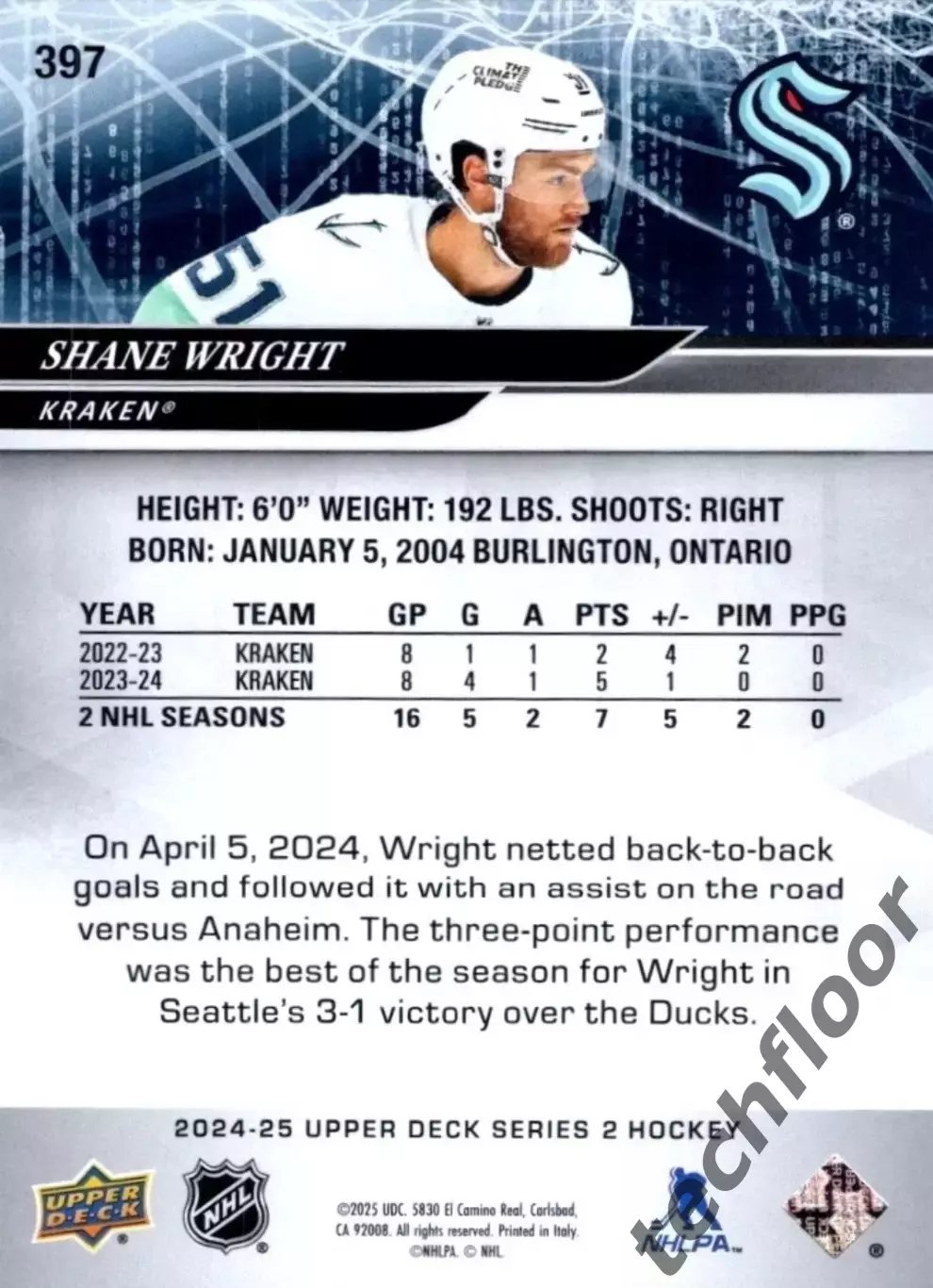 Карточка NHL Shane Wright Seattle Kraken/ Шейн Райт Сиэтл НХЛ 1