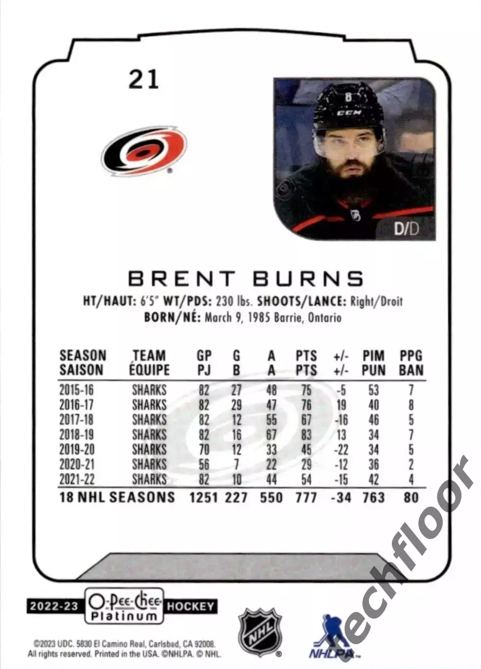 Карточка NHL Brent Burns Carolina Hurricanes / Брент Бернс Каролина НХЛ 1