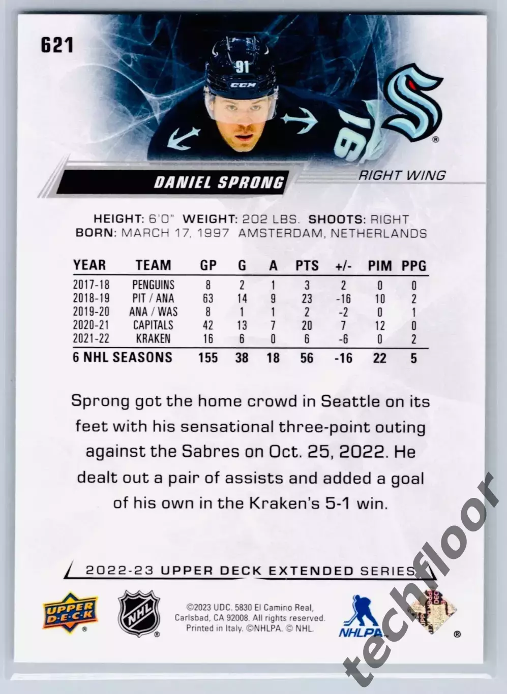 Карточка NHL Daniel Sprong Seattle Kraken/Даниэл Спронг Сиэтл Кракен НХЛ 1