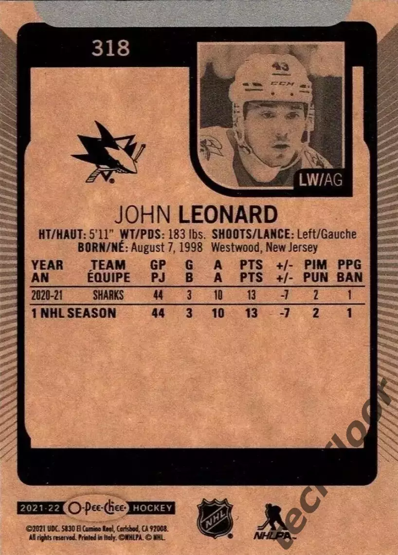 Карточка NHL John Leonard San Jose Sharks/Джон Леонард Сан-Хосе Шаркс НХЛ 1