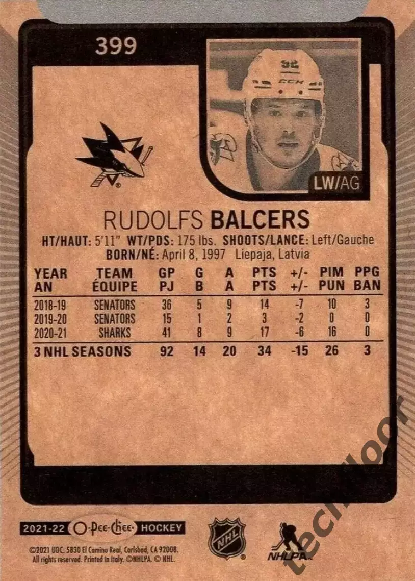 Карточка NHL Rudolfs Balcers San Jose Sharks/Рудольф Балцерс Сан-Хосе Шаркс НХЛ 1