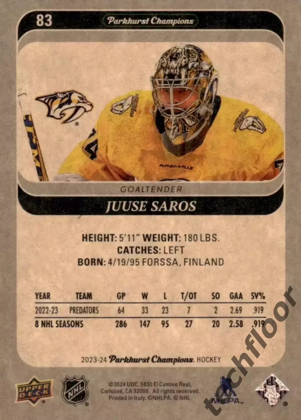 Карточка NHL Juuse Saros Nashville Predators / Юусе Сарос Нэшвилл НХЛ 1
