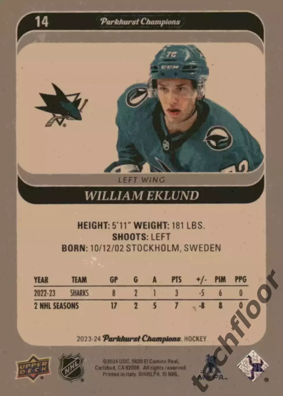 Карточка NHL William Eklund San Jose Sharks/ Виллиам Эклунд Сан-Хосе НХЛ 1