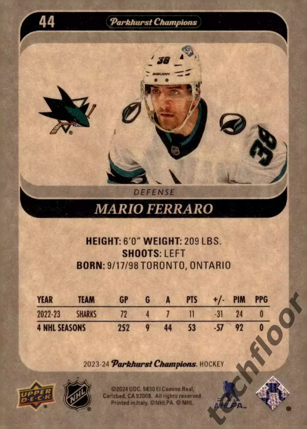 Карточка NHL Mario Ferraro San Jose Sharks/ Марио Ферраро Сан-Хосе НХЛ 1
