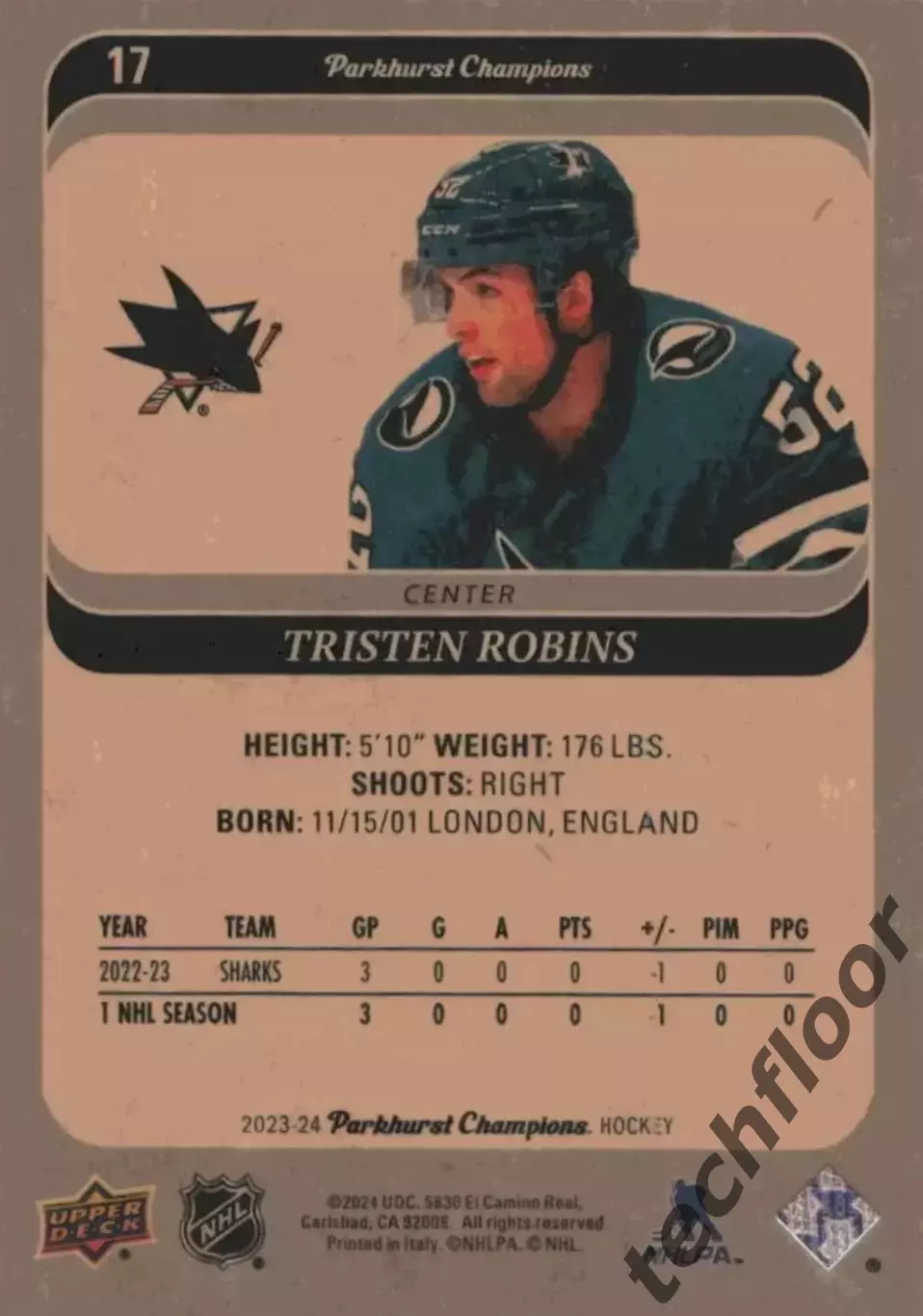 Карточка NHL Tristen Robins San Jose Sharks/Тристен Робинс Сан-Хосе НХЛ 1