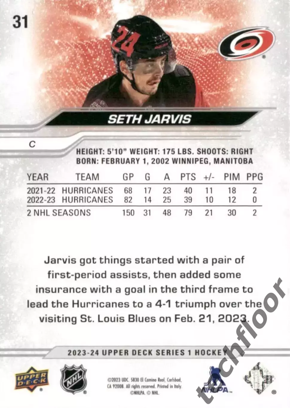 Карточка NHL Seth Jarvis Carolina Hurricanes/ Сет Джарвис Каролина НХЛ 1