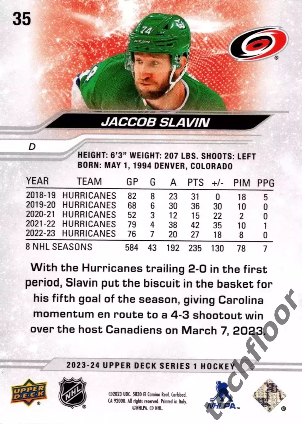 Карточка NHL Jaccob Slavin Carolina Hurricanes/ Джейккоб Слэвин Каролина НХЛ 1