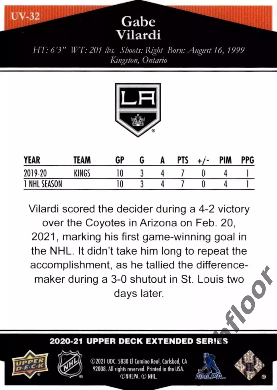 Карточка NHL Gabe Vilardi LA Kings/Габриэль Виларди Лос-Анджелес НХЛ 1