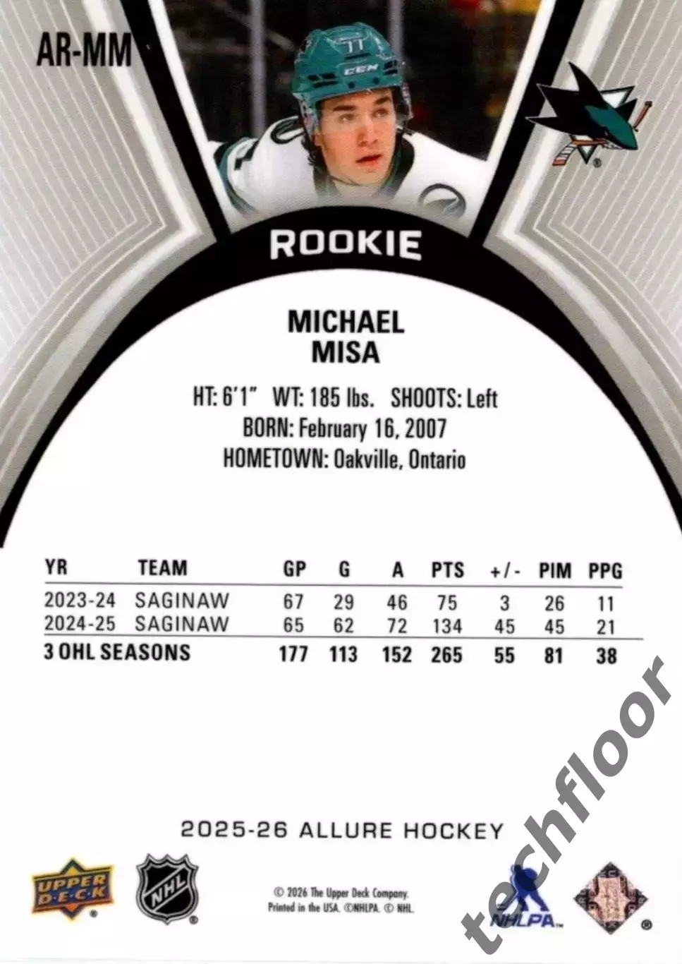 Карточка NHL Michael Misa San Jose Sharks/Майкл Миса Сан-Хосе Шаркс НХЛ 1