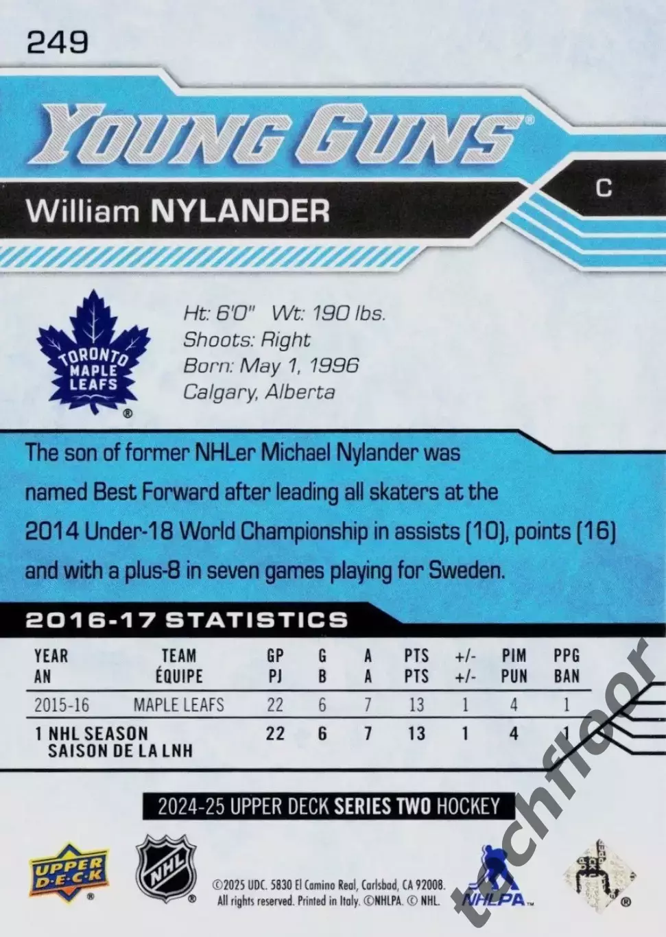 Карточка NHL William Nylander Toronto Maple Leafs/ Вильям Нюландер Торонто НХЛ 1