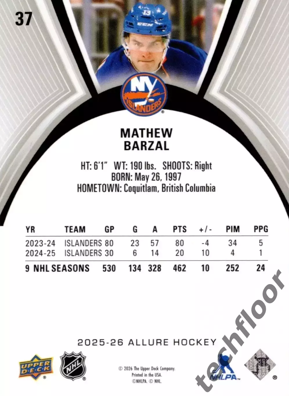 Карточка NHL Mathew Barzal New York Islanders/ Мэтью Барзал Айлендерс НХЛ 1
