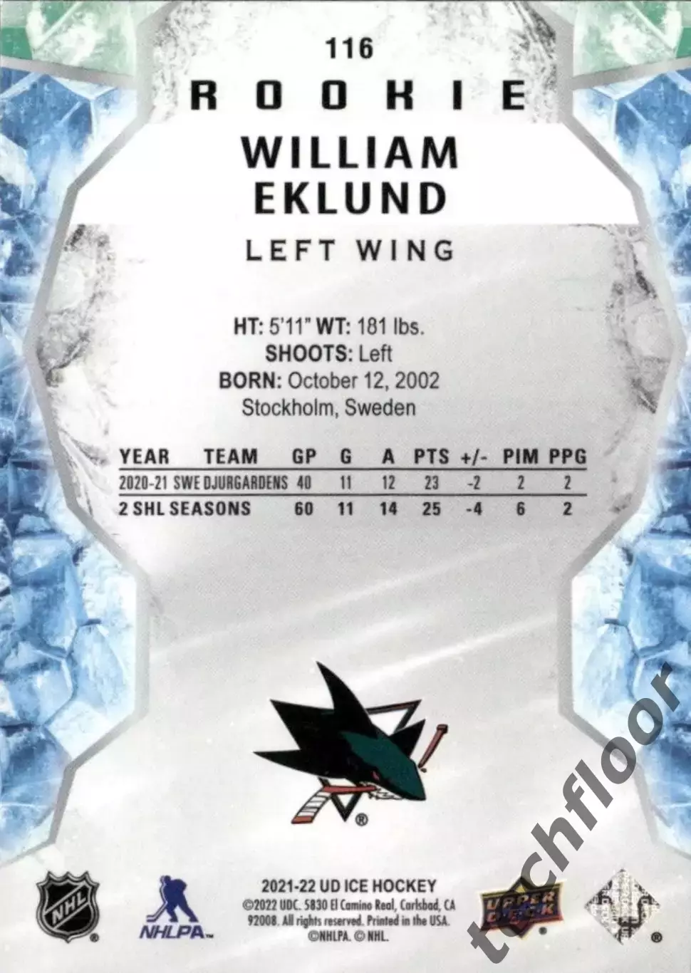 Карточка NHL William Eklund San Jose Sharks /Виллиам Эклунд Сан-Хосе НХЛ 1