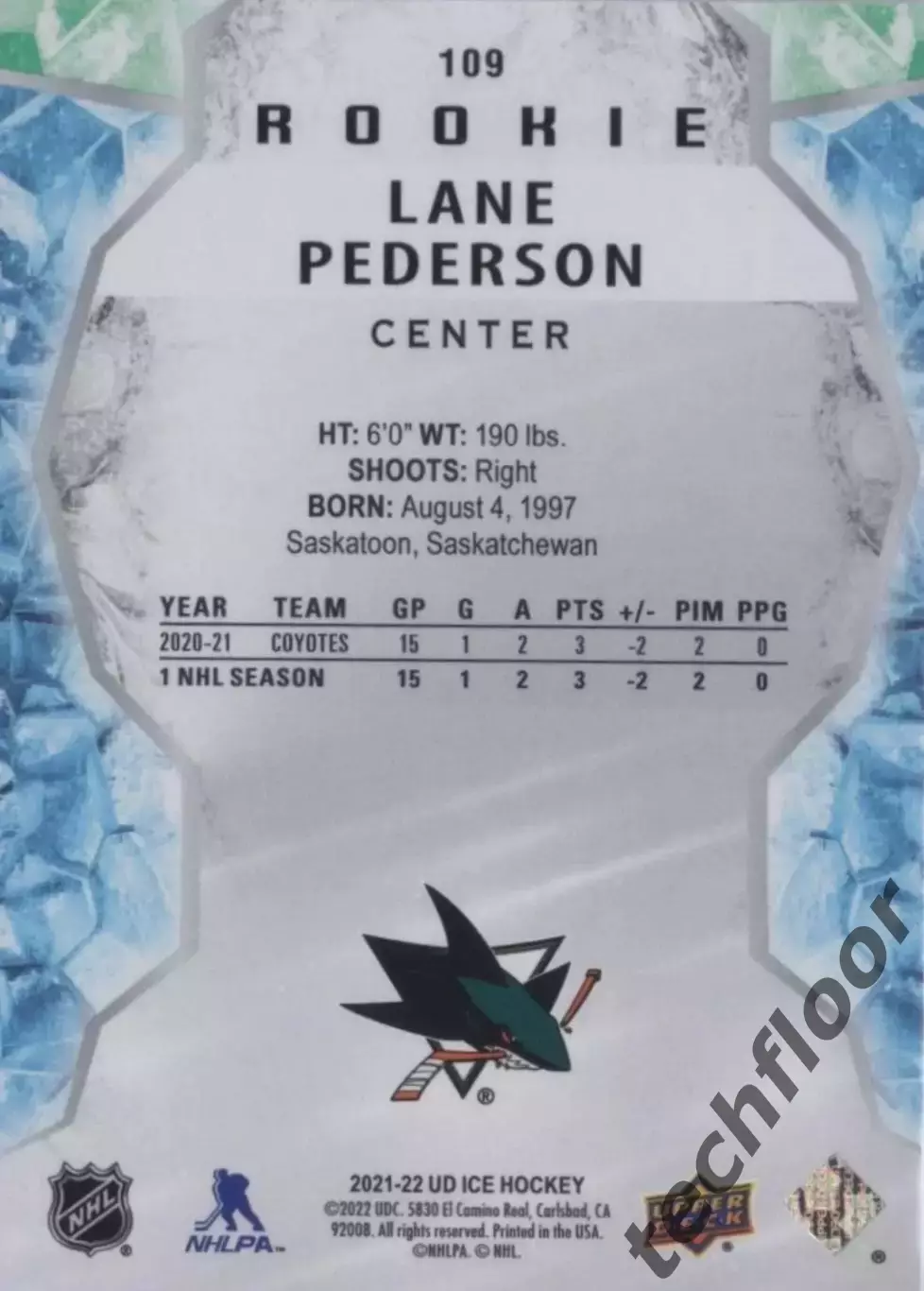 Карточка NHL Lane Pederson San Jose Sharks/Лэйн Педерсон Сан-Хосе НХЛ 1
