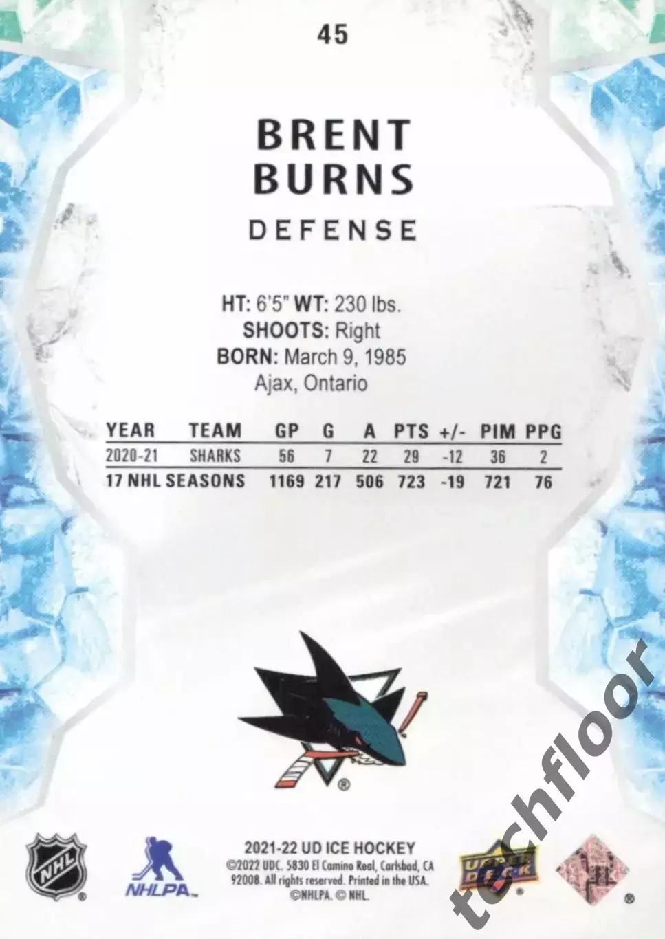 Карточка NHL Brent Burns San Jose Sharks/ Брент Бернс Сан-Хосе Шаркс НХЛ 1