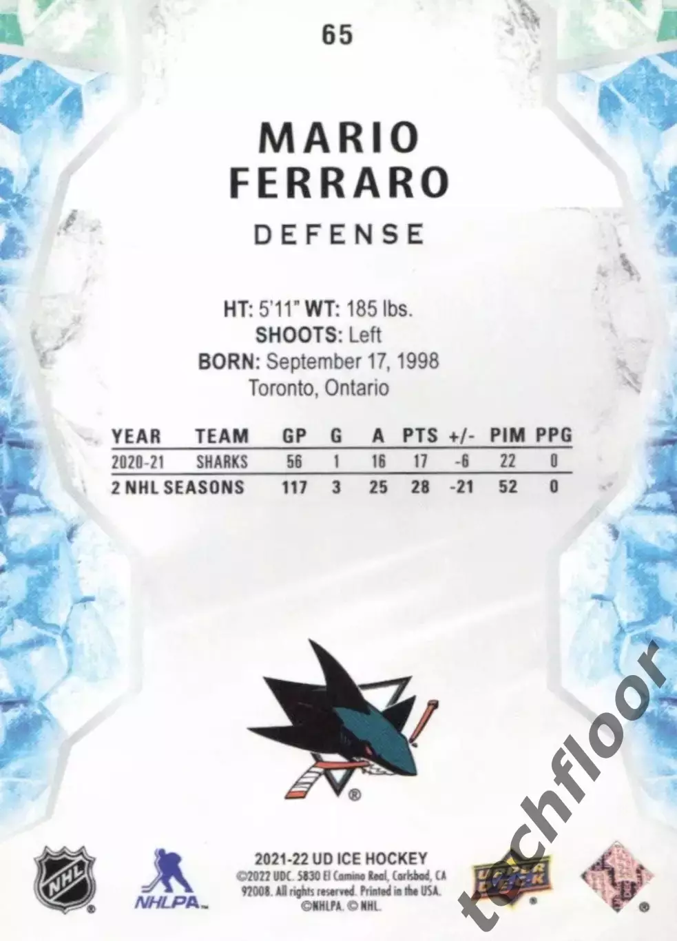 Карточка NHL Mario Ferraro San Jose Sharks/ Марио Ферраро Сан-Хосе НХЛ 1