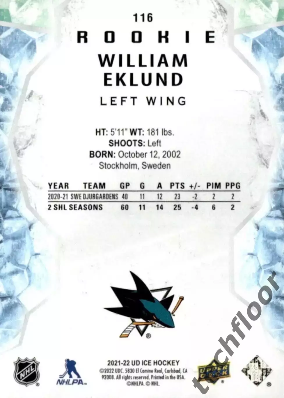Карточка NHL William Eklund San Jose Sharks / Виллиам Эклунд Сан-Хосе НХЛ 1