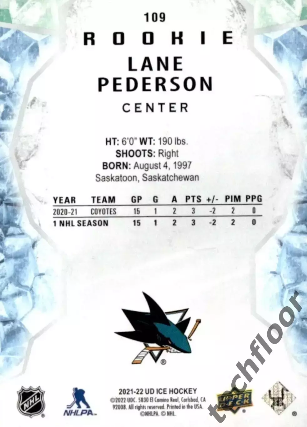 Карточка NHL Lane Pederson San Jose Sharks /Лэйн Педерсон Сан-Хосе НХЛ 1