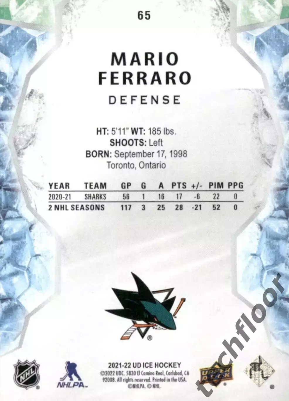 Карточка NHL Mario Ferraro San Jose Sharks /Марио Ферраро Сан-Хосе НХЛ 1