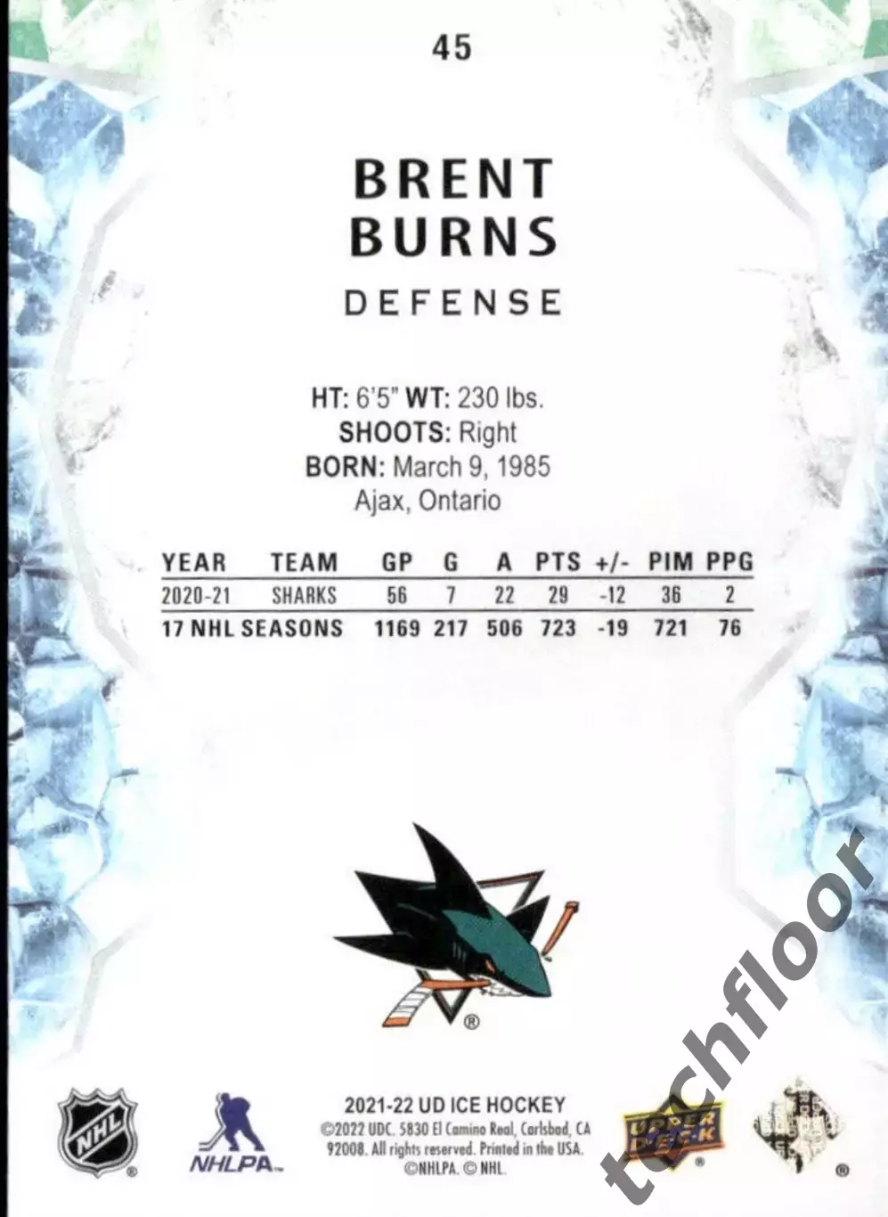 Карточка NHL Brent Burns San Jose Sharks / Брент Бернс Сан-Хосе НХЛ 1
