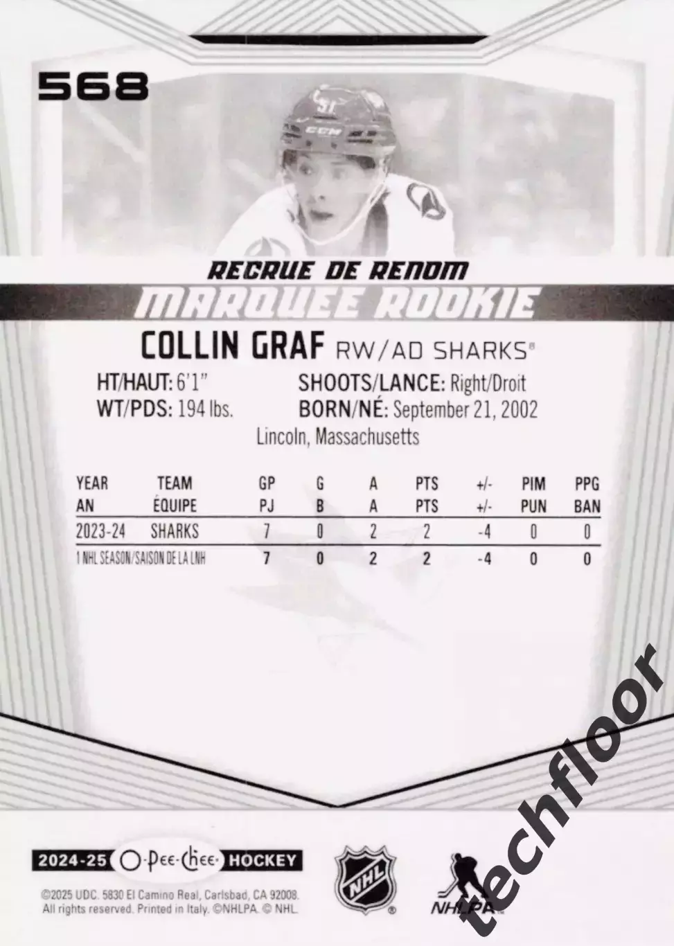 Карточка NHL Collin Graf San Jose Sharks/Коллин Граф Сан-Хосе Шаркс НХЛ 1