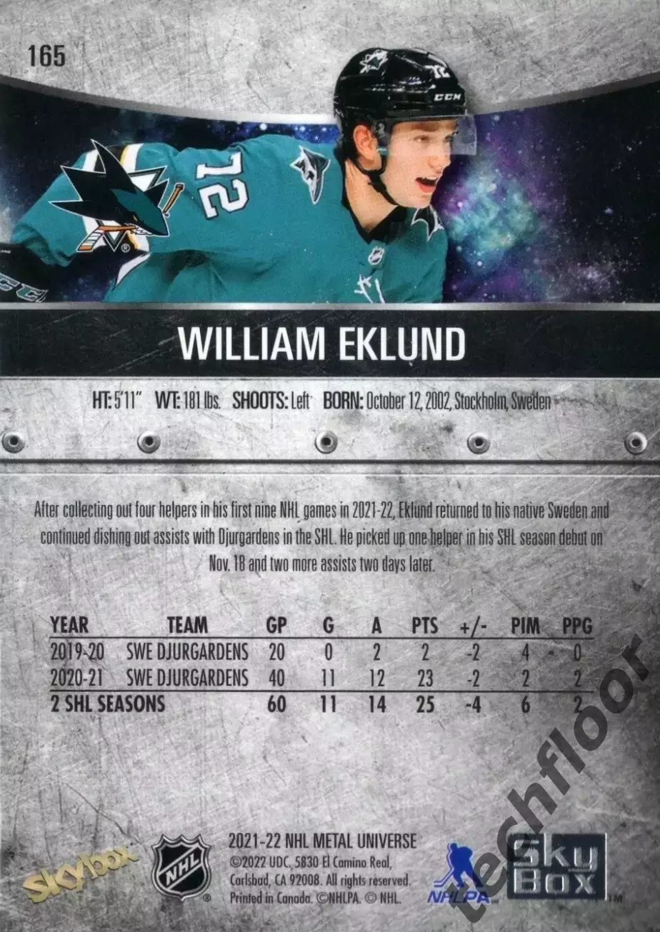 Карточка NHL William Eklund San Jose Sharks/ Виллиам Эклунд НХЛ Сан-Хосе 1