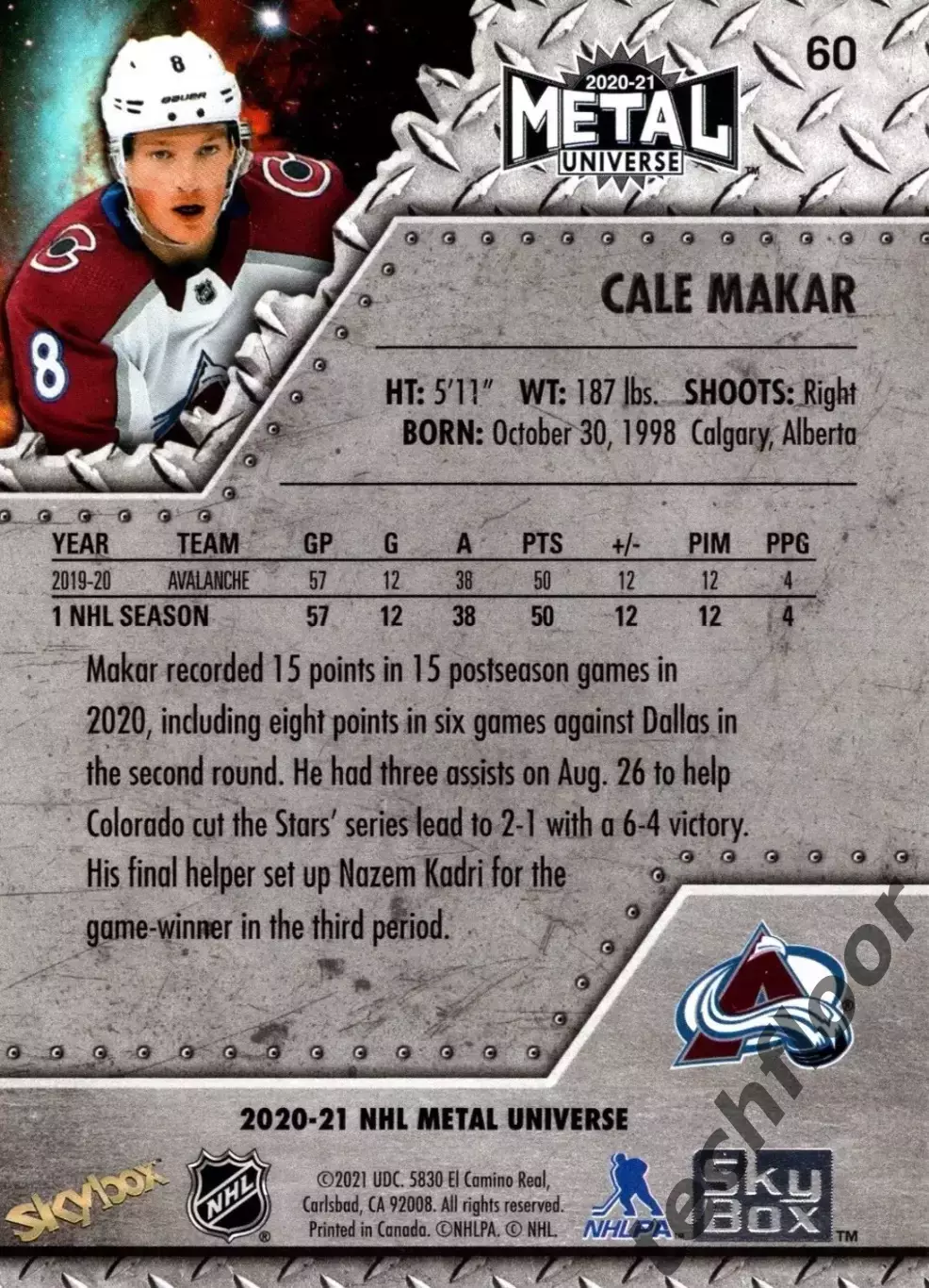 Карточка NHL Cale Makar Colorado Avalanche /Кейл Макар Колорадо НХЛ 1