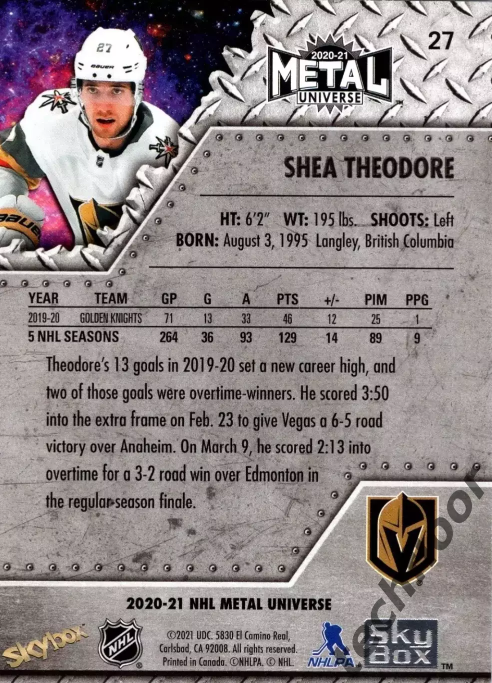 Карточка NHL Shea Theodore Vegas Golden Knights /Ши Теодор Вегас НХЛ 1