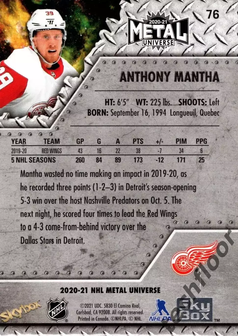 Карточка NHL Anthony Mantha Detroit Red Wings/ Энтони Манта Детройт НХЛ 1