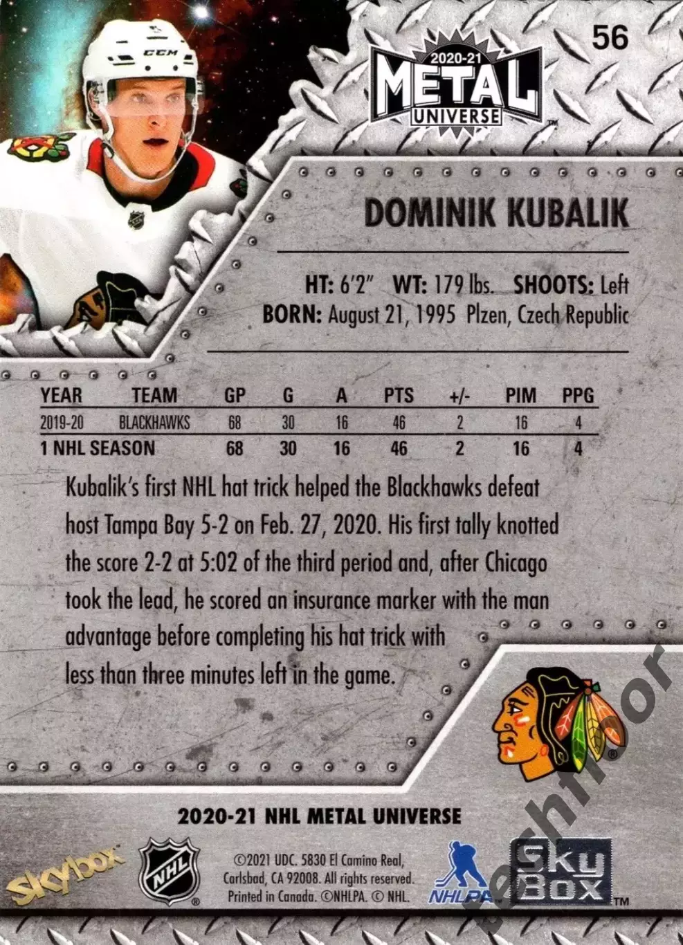 Карточка NHL Dominik Kubalik Chicago Blackhawks/Доминик Кубалик Чикаго НХЛ 1