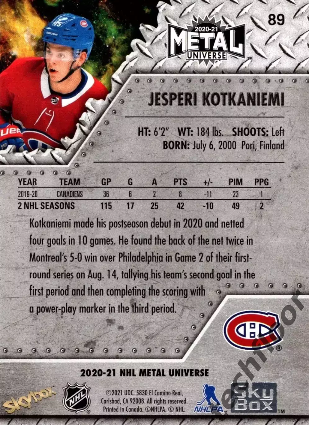 Карточка NHL Jesperi Kotkaniemi Montreal Canadiens/Йеспери Котканиеми Монреаль 1
