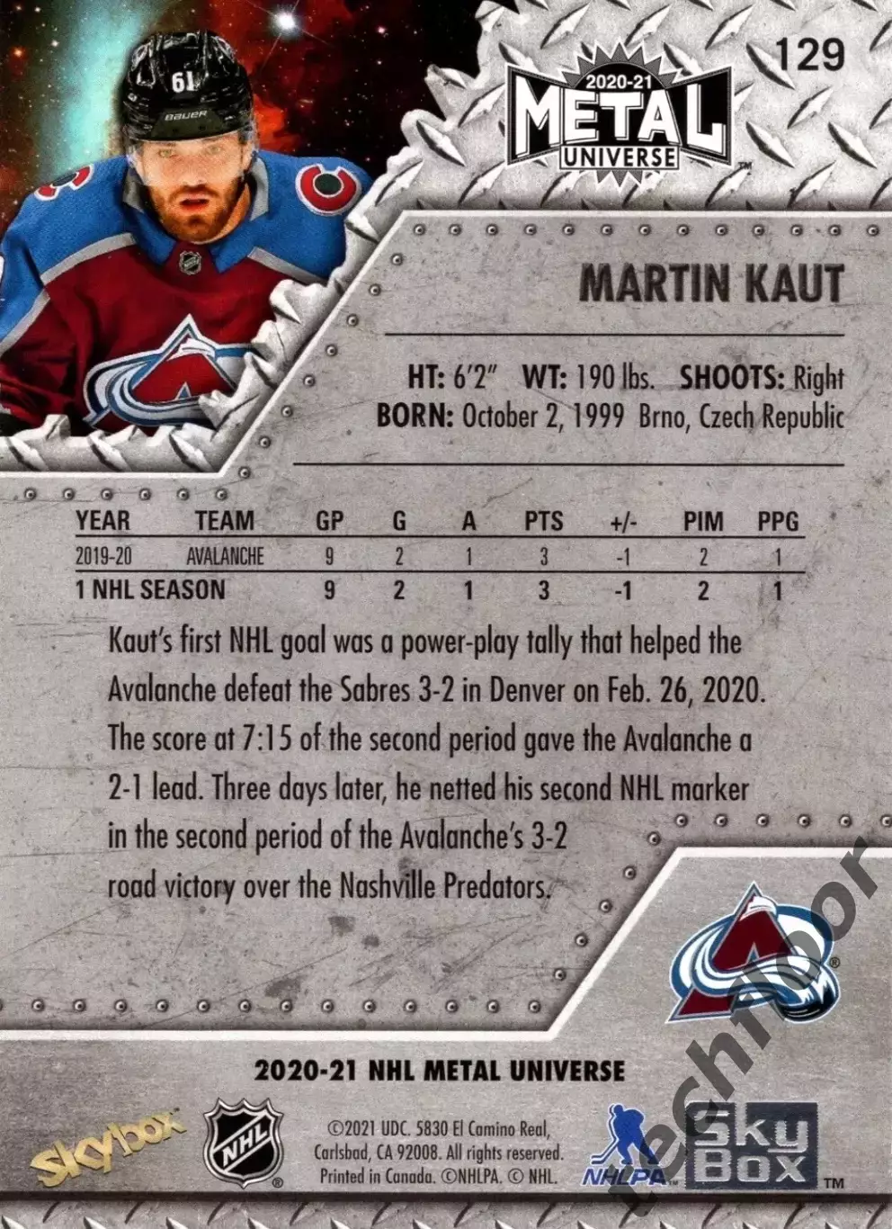 Карточка NHL Martin Kaut Colorado Avalanche/Мартин Каут Колорадо НХЛ 1
