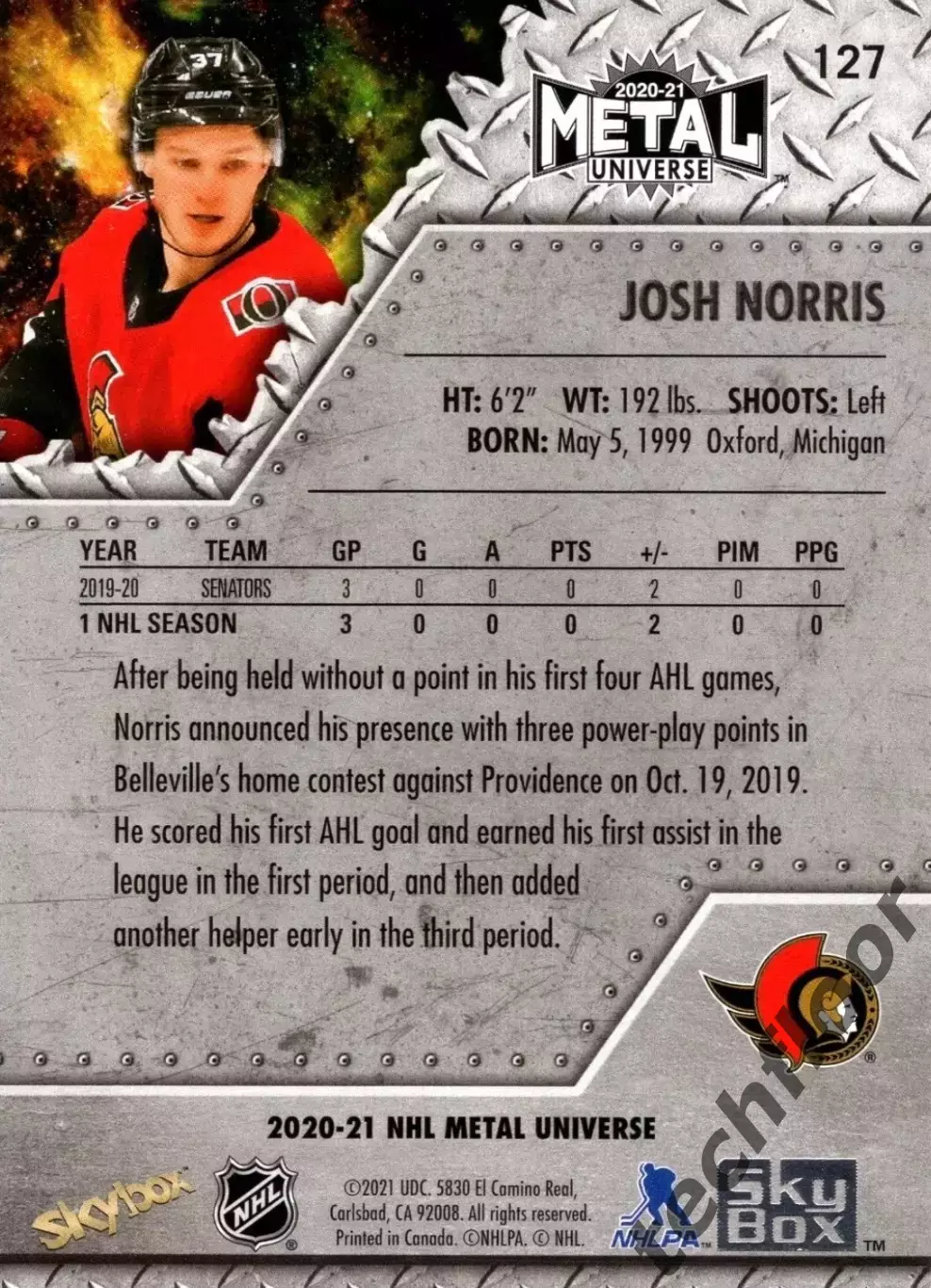 Карточка NHL Josh Norris Ottawa Senators/ Джош Норрис Оттава НХЛ 1