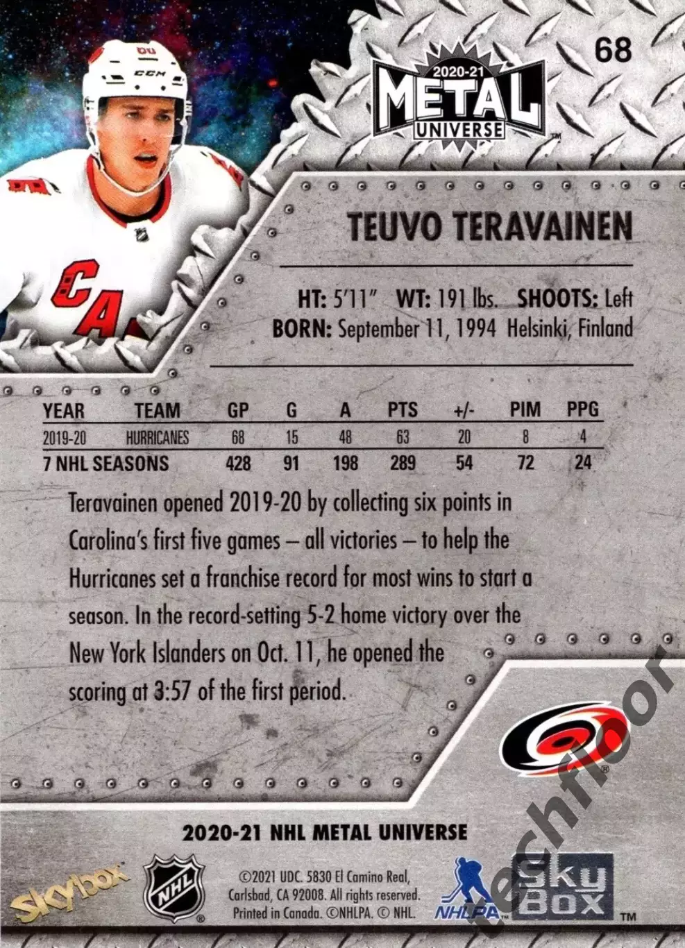 Карточка NHL Teuvo Teravainen Carolina Hurricanes/ Теуво Терявяйнен Каролина НХЛ 1